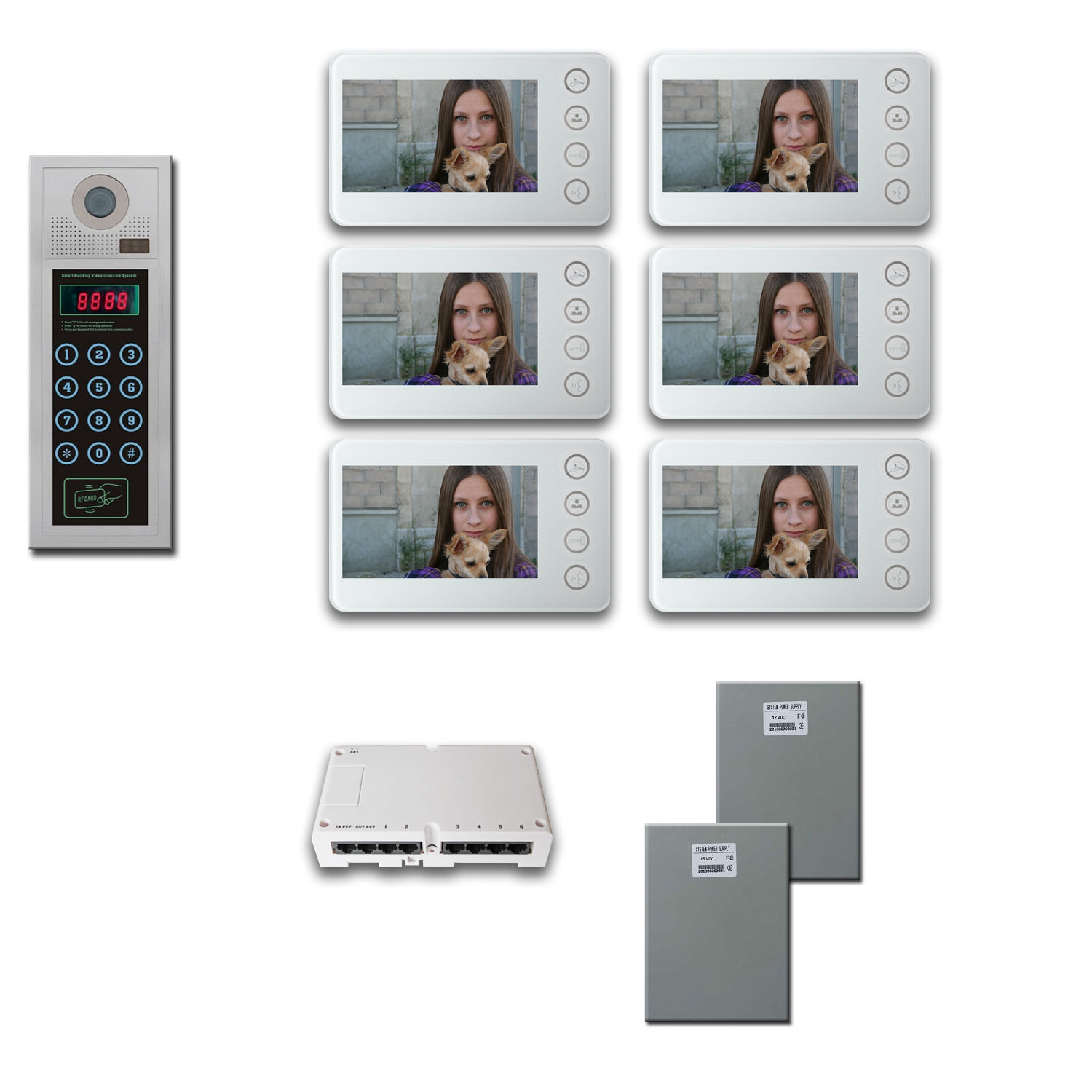 Video Entry Intercom System six 5" color monitor door camera key