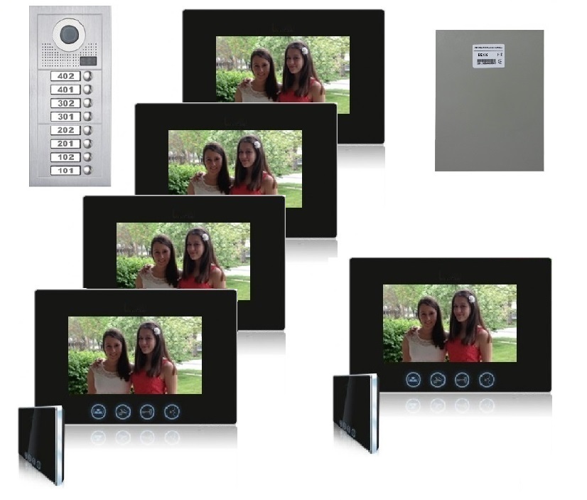 Video Intercom System Five 7" Color Monitors Black 8 Button Door