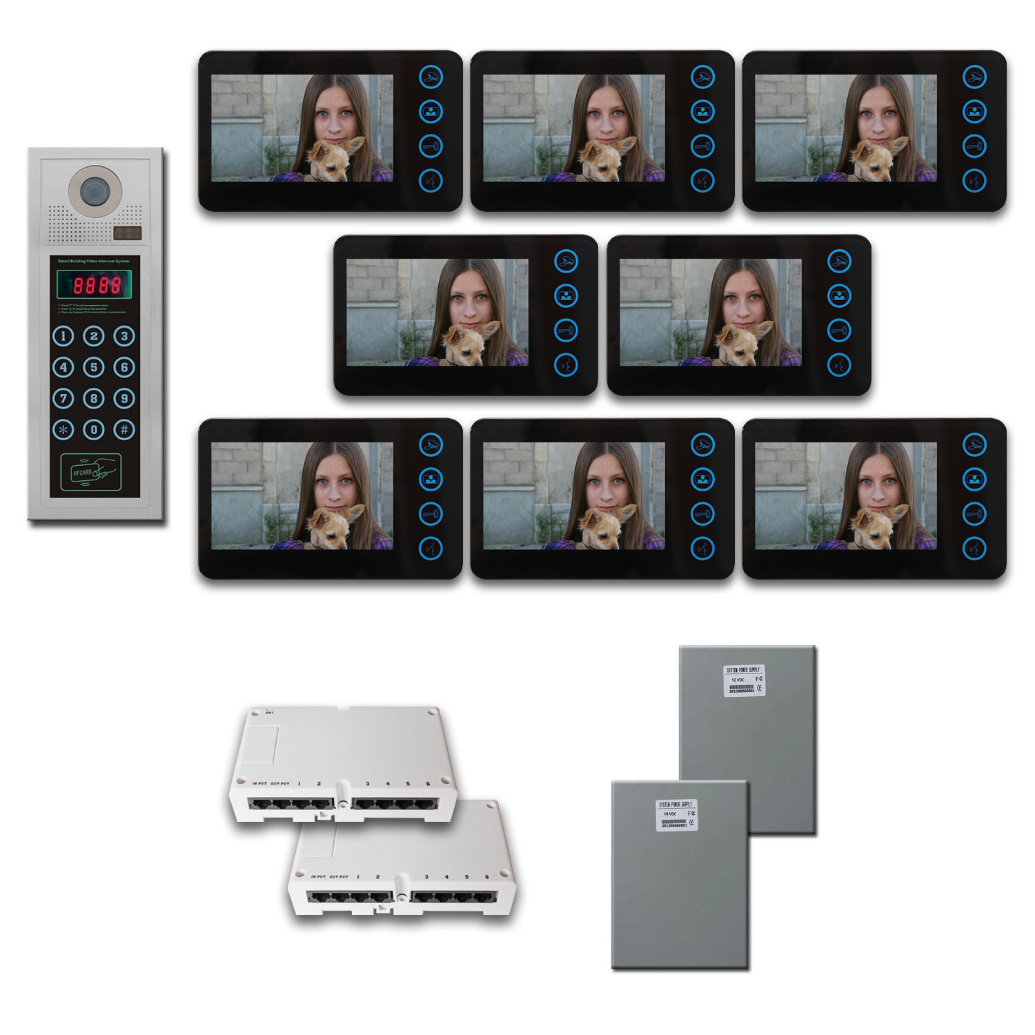 Multi Tenant Video Entry (8) 5 inch color monitors door panel
